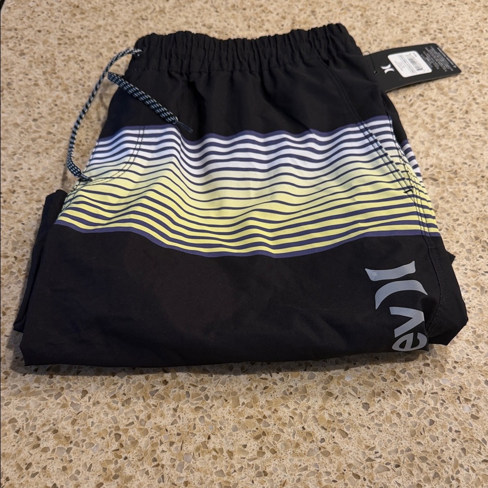 Hurley Black Swim Shorts with Yellow and White Gradient Stripes